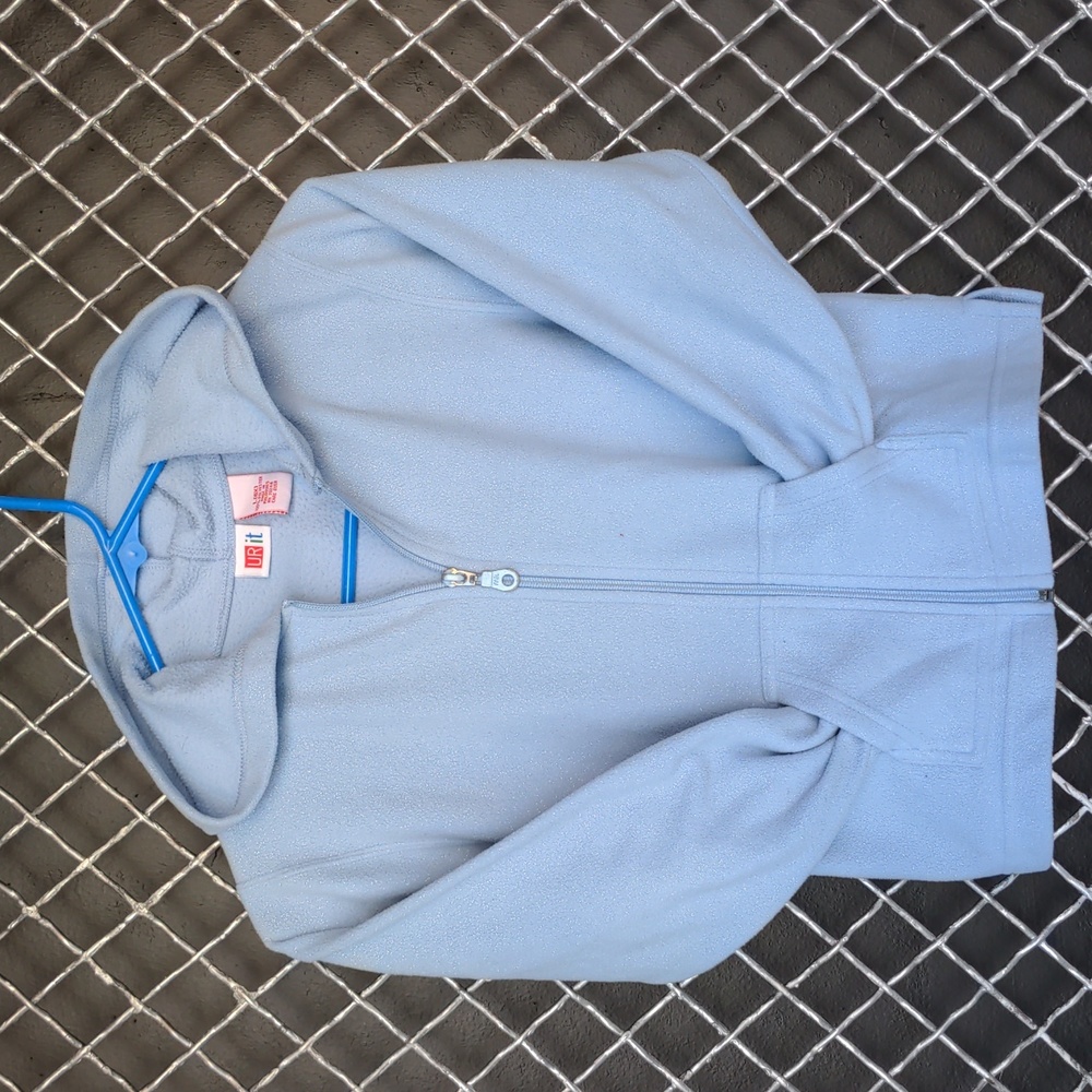 Kids L 6X sparkly light blue fleece full zip up hoodie with front pockets